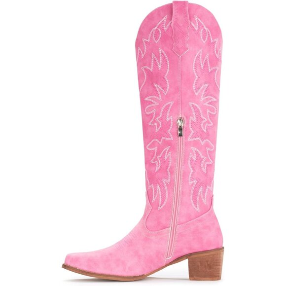 Women Faux Leather Pink Side Zipper Chunky Heel Knee High Western Cowgirl Boots - Picture 3 of 8